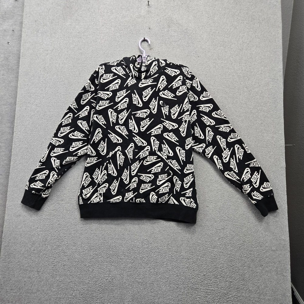Nike Men Hoodie L Black Graphic Fleece Activewear Hooded AOP